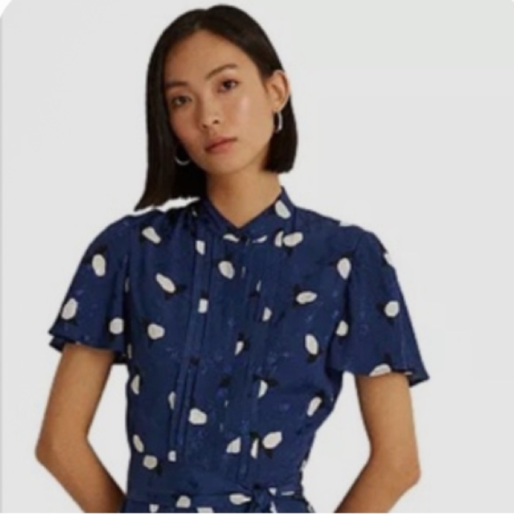 Ralph Lauren Blue Floral Tie-Neck Short Sleeve Dress - Picture 3 of 6